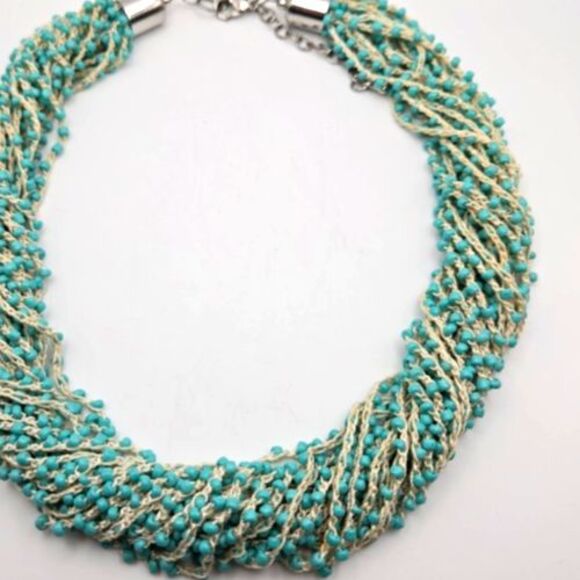 Hand Crafted Multi-Strand Delicate Crocheted Turquoise Blue Seed Bead Necklace - Picture 5 of 5